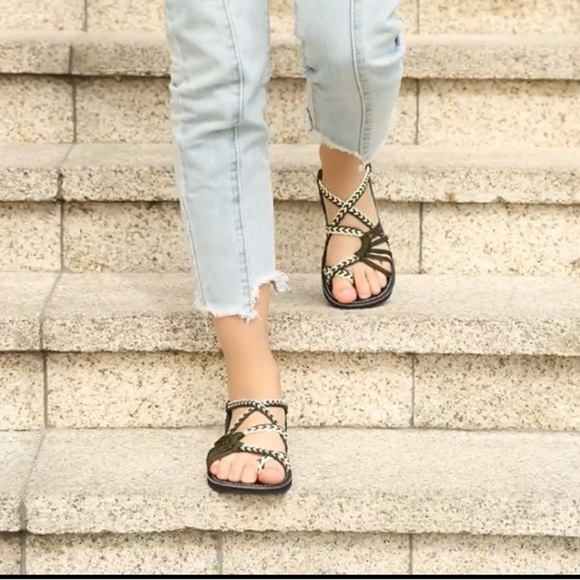 Black and Tan Sandals with Gold Chain Straps - Picture 2 of 6